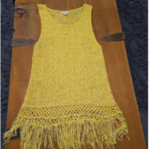 Crochet Open Knit Dress Yellow Size Medium Fringe Festival - Picture 1 of 3